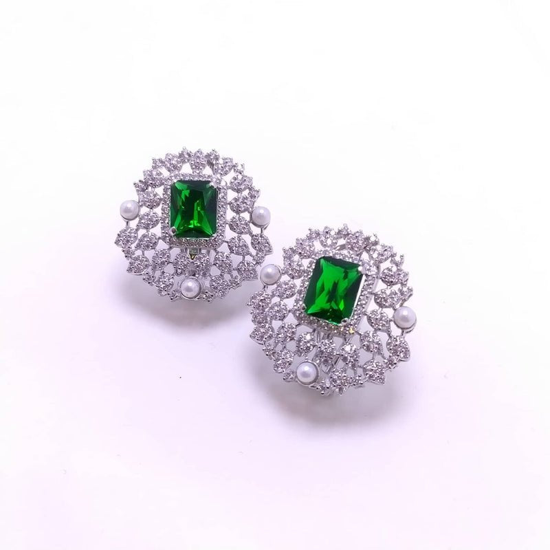 White Gold Plated Tops Pair with Zircons & green. (925 Silver)