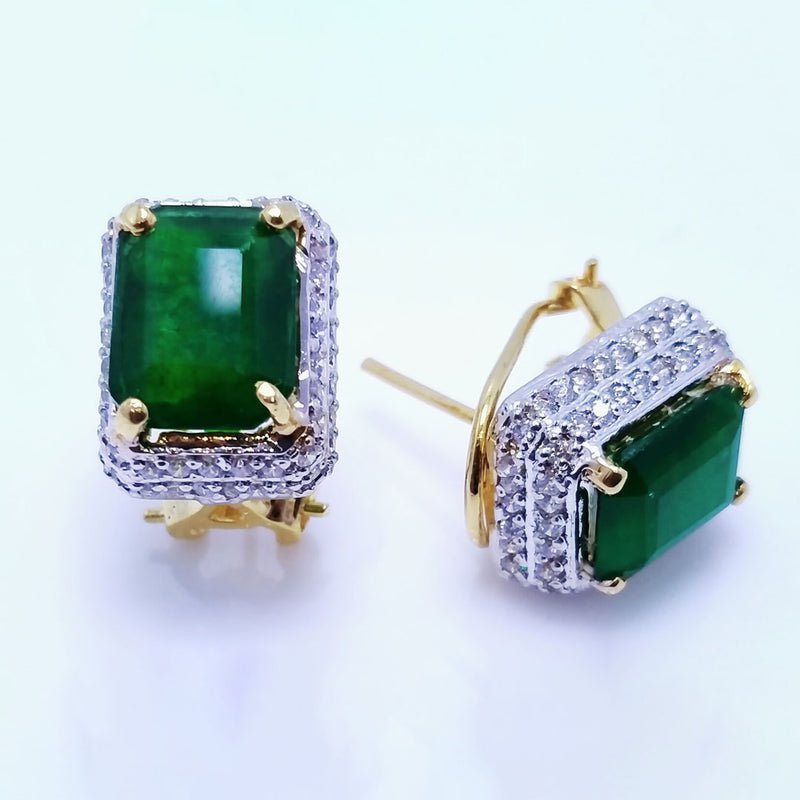 Gold Plated Ear Studs with American Zircons and Double Jade Stone. (925 Silver)