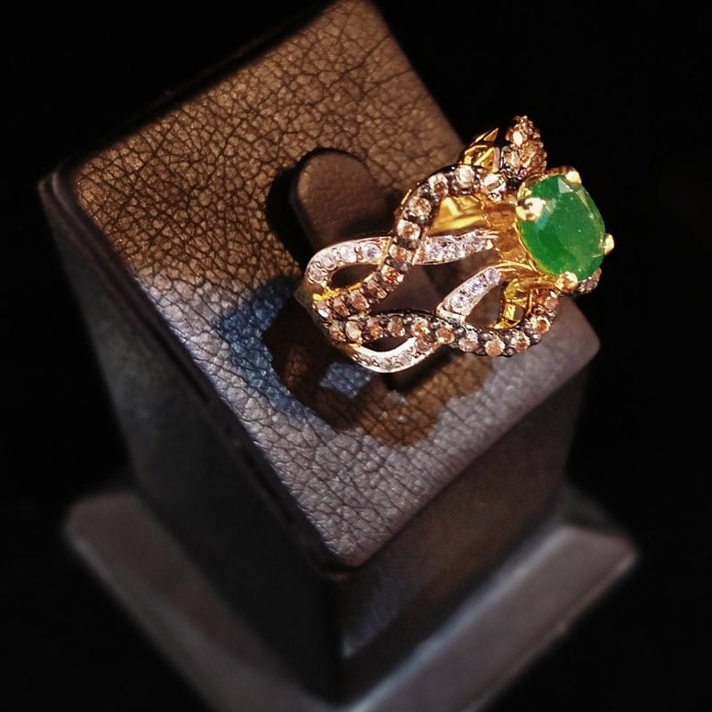 Gold Plated Ring with Synthetic Emerald and Zircons. (925 Silver)