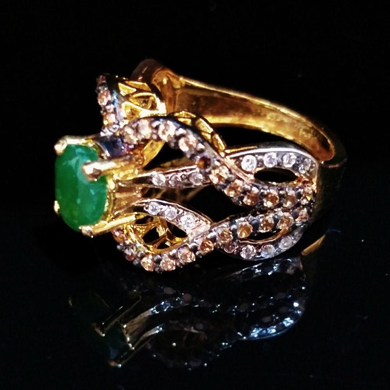 Gold Plated Ring with Synthetic Emerald and Zircons. (925 Silver)