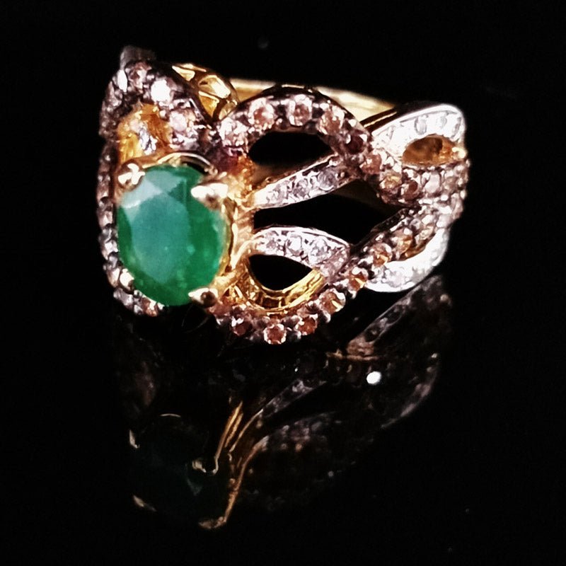 Gold Plated Ring with Synthetic Emerald and Zircons. (925 Silver)