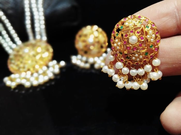 Gold Plated Jewelry Pendant Set 3 Colors of Stone with 3 Lines of Pearls Strings. (925 Silver)