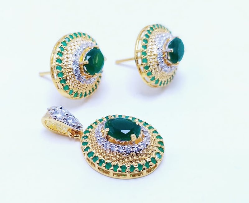 Gold Plated Jewelry Pendant Set with Green Onex and Zircons. (925 Silver)