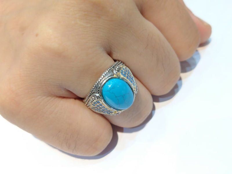 Silver Men"s Ring Italian made with Feroza Stone.(925 Silver)