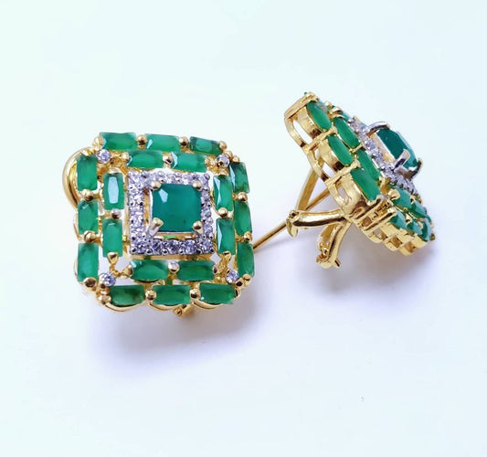Gold Plated Tops Pair with Green Onex &amp; Zircons. (925 Silver)