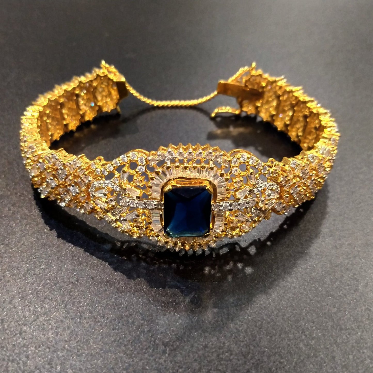 Gold Plated Bracelet With Blue sapphire &amp; Zircons (925 Silver)
