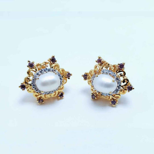 Gold Plated Tops pair with Real Pearls and Zircons. (925 Silver)