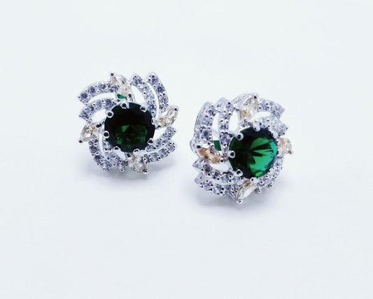 Gold Plated Tops Pair with Green &amp; Zircons. (925 Silver)