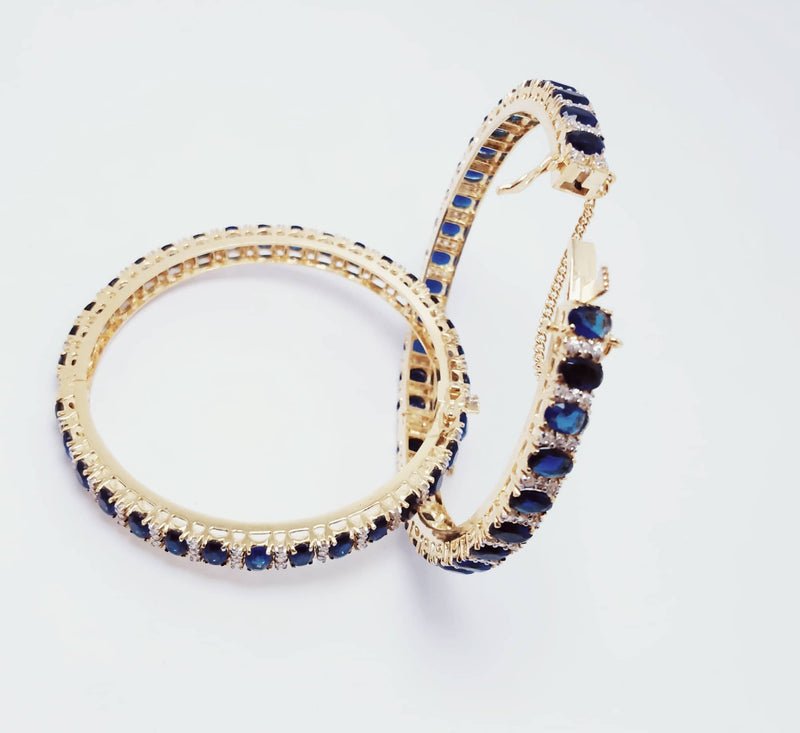 Gold Plated Bangles Pair with Blue Sapphire and Zircons. (925 Silver)