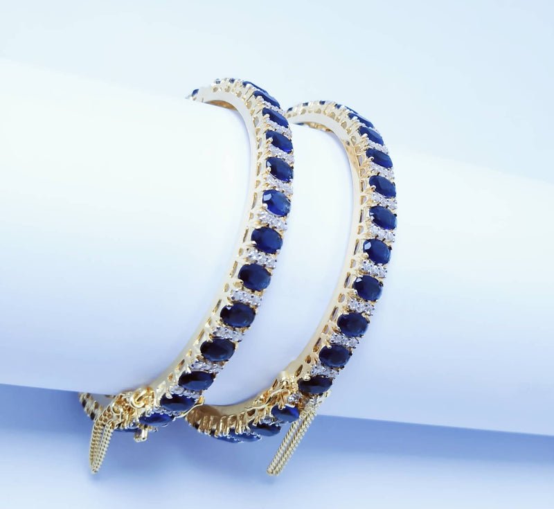 Gold Plated Bangles Pair with Blue Sapphire and Zircons. (925 Silver)