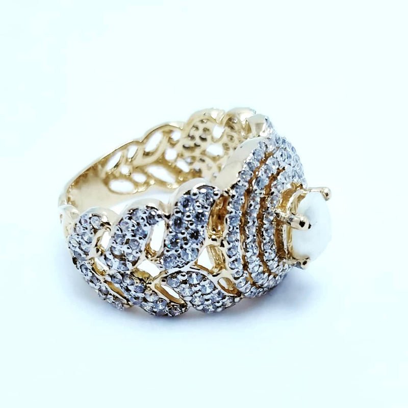 Silver Ring with Real Pearl and Zircons 24kt Gold Plated. (925 Silver)
