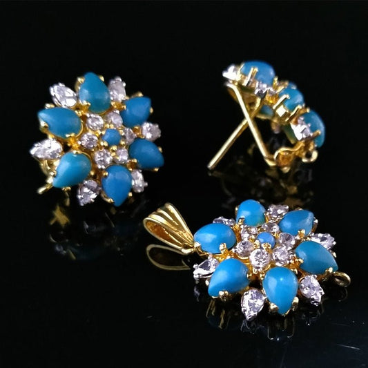 Gold Plated Pendant set With Real Irani Feroza and Zircons. (925 Silver)