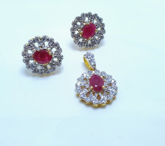 Gold Plated Jewelry Pendant Set Ruby and Zircons. (925 Silver)