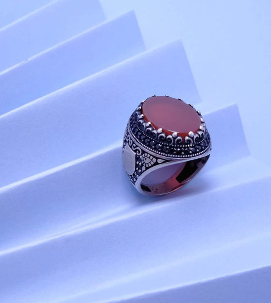 Silver Men`s Ring with Brown Agate.