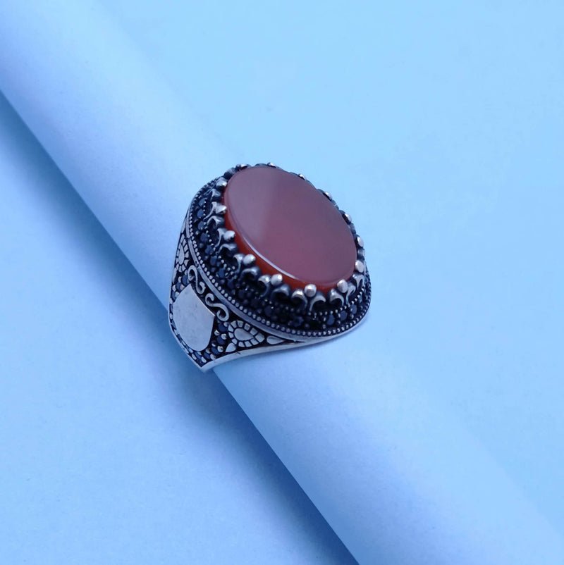 Silver Men`s Ring with Brown Agate.