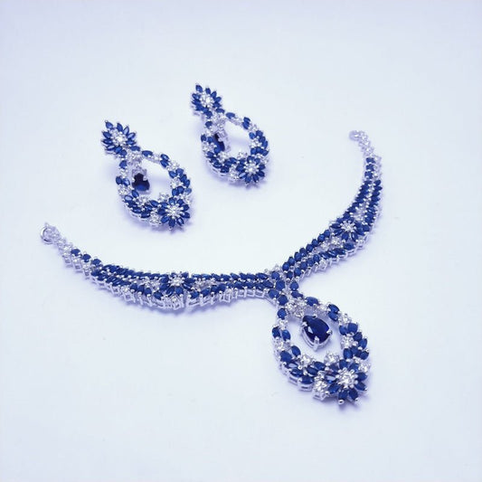 Rhodium Plated Necklace Set with Blue and White Zircons. (925 Silver)
