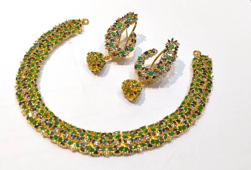 Gold Plated Necklace Set with Green &amp; Blue Zircons. (925 Silver)