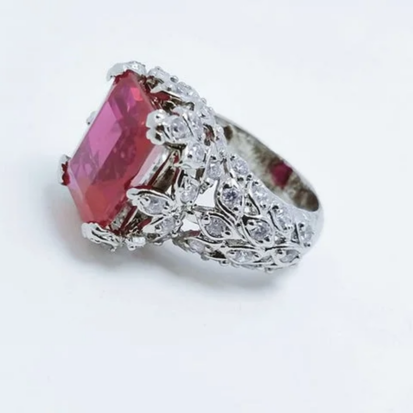 Rhodium Plated Ring with Zircon and Synthetic Ruby. (925 Silver)